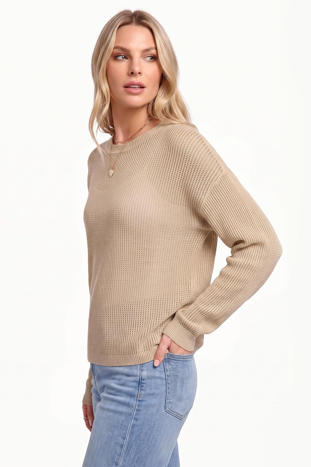 image:imageArachampCloz Womens Oversized 34 Sleeve Crochet Tops Summer Casual SweaterZapricot