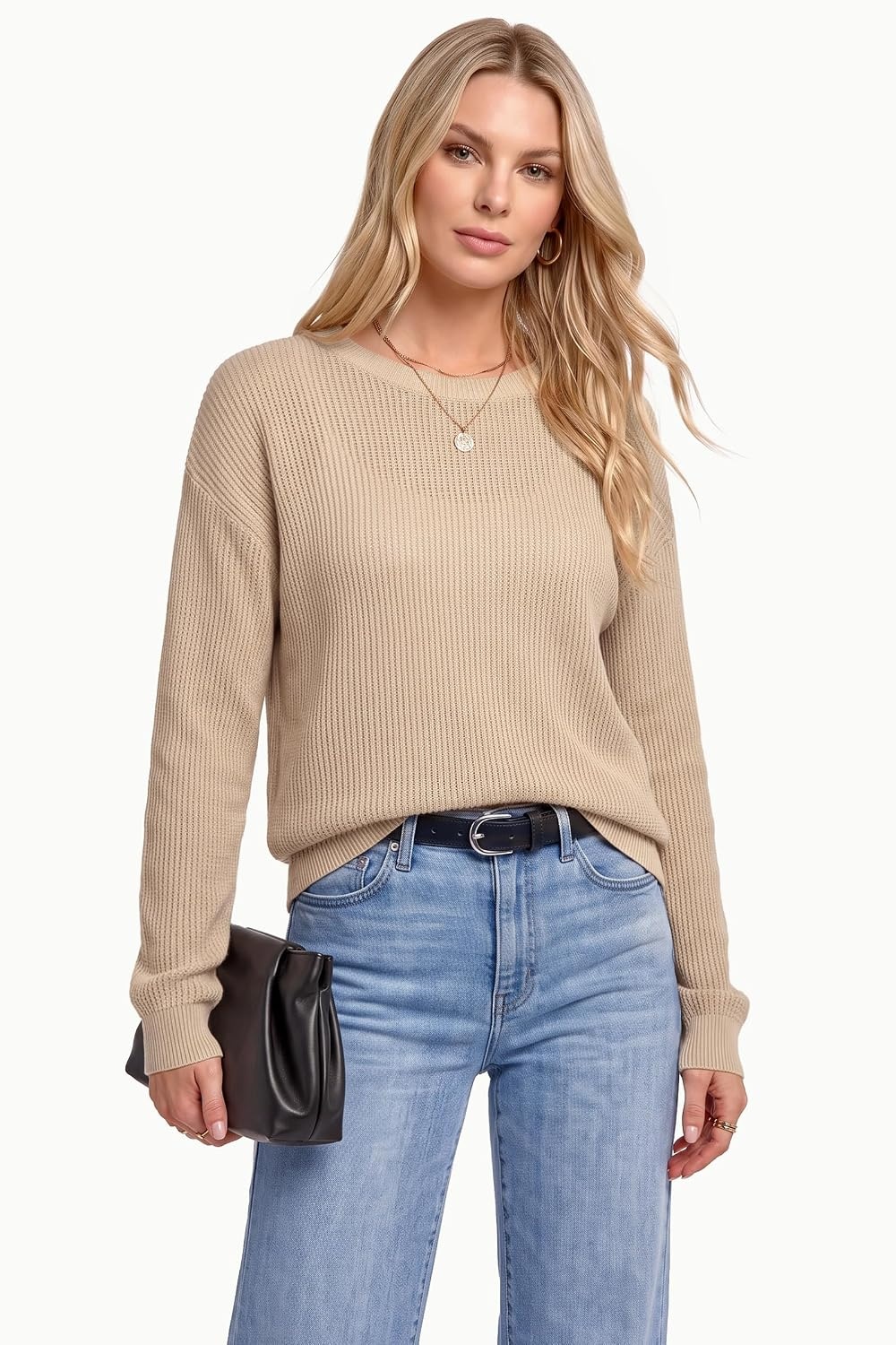 image:imageArachampCloz Womens Oversized 34 Sleeve Crochet Tops Summer Casual SweaterZapricot