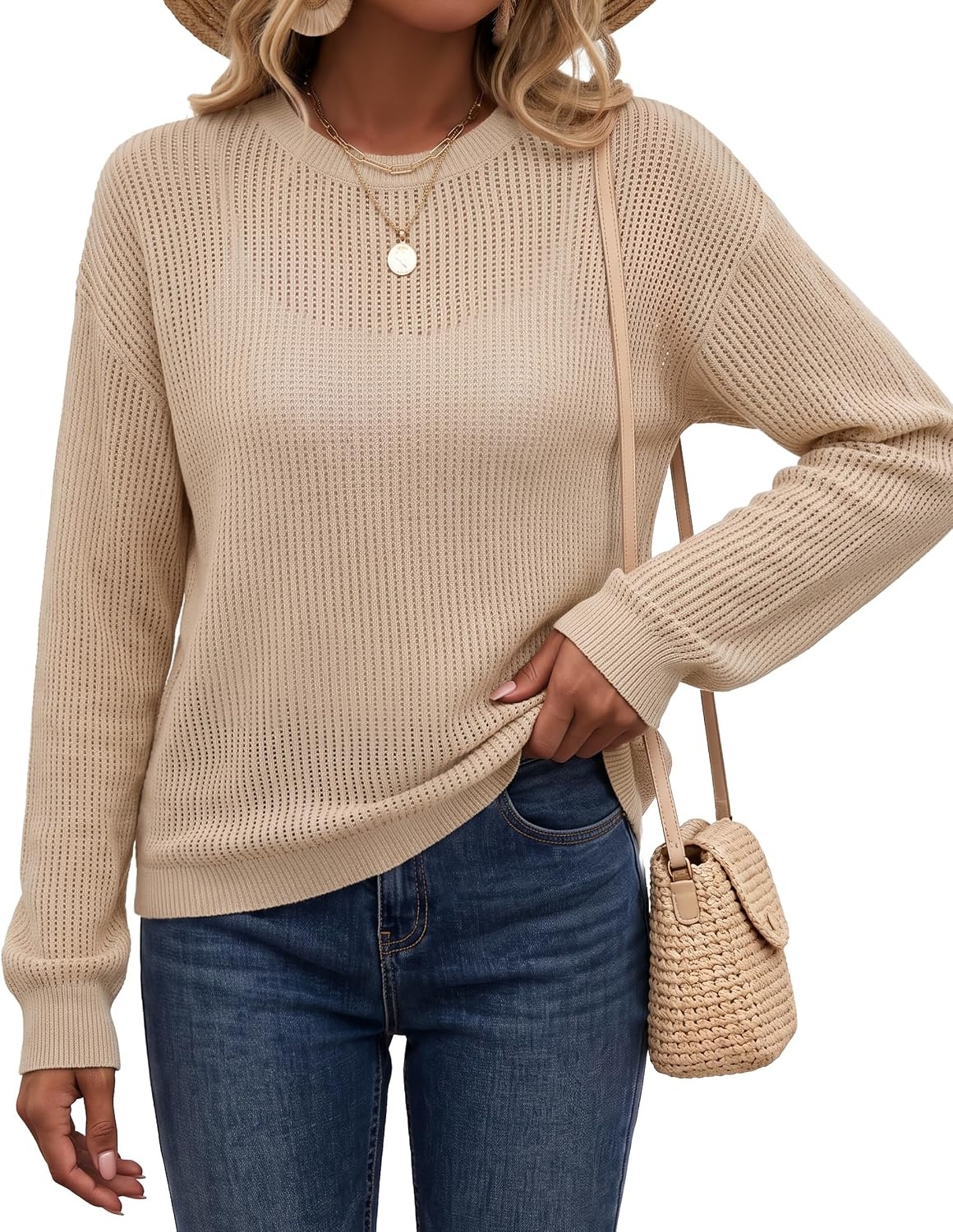 image:imageArachampCloz Womens Oversized 34 Sleeve Crochet Tops Summer Casual SweaterZapricot