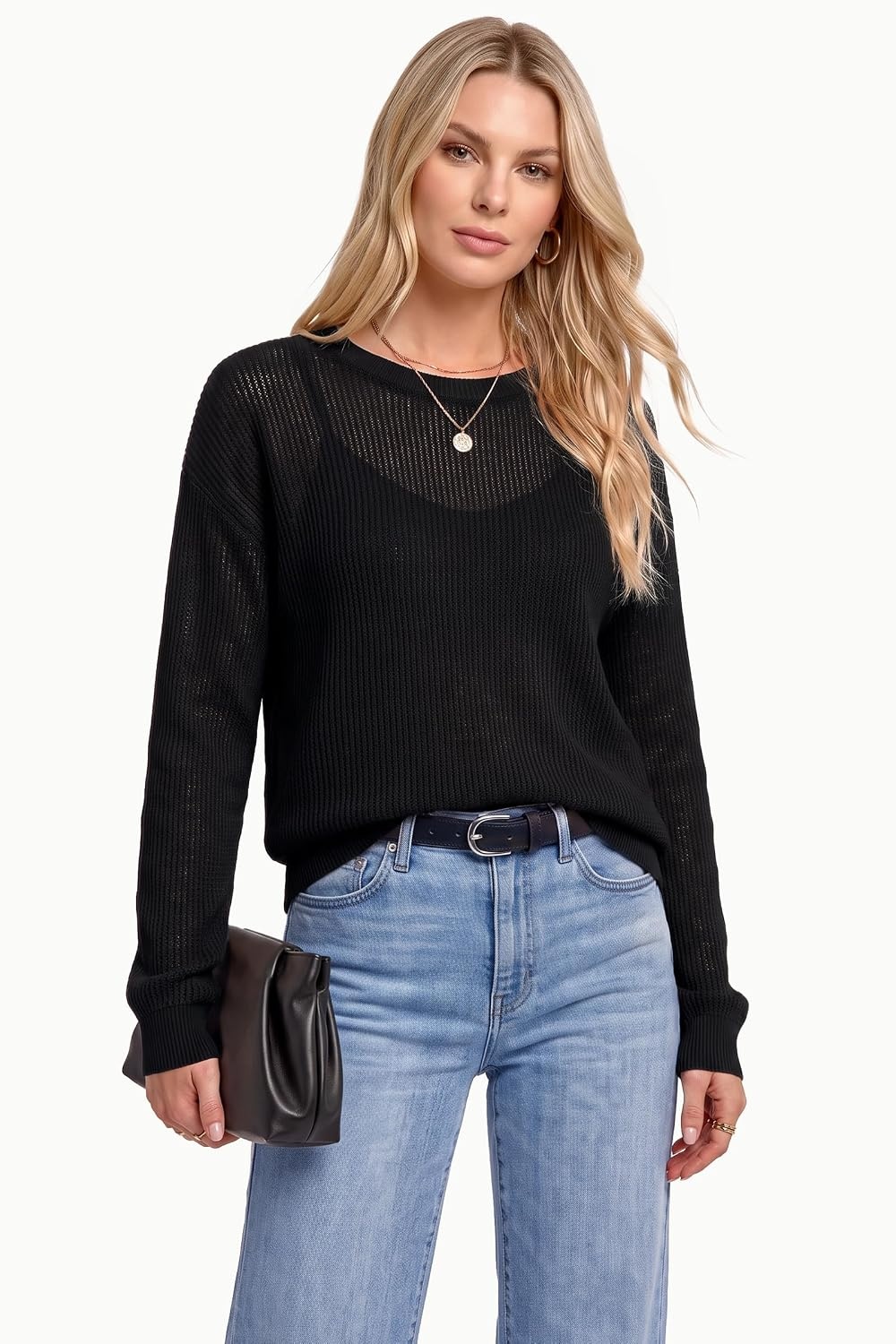 image:imageArachampCloz Womens Oversized 34 Sleeve Crochet Tops Summer Casual SweaterZblack