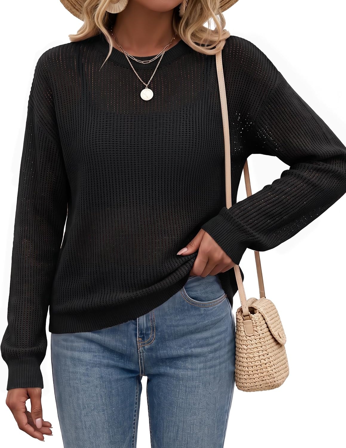 image:imageArachampCloz Womens Oversized 34 Sleeve Crochet Tops Summer Casual SweaterZblack