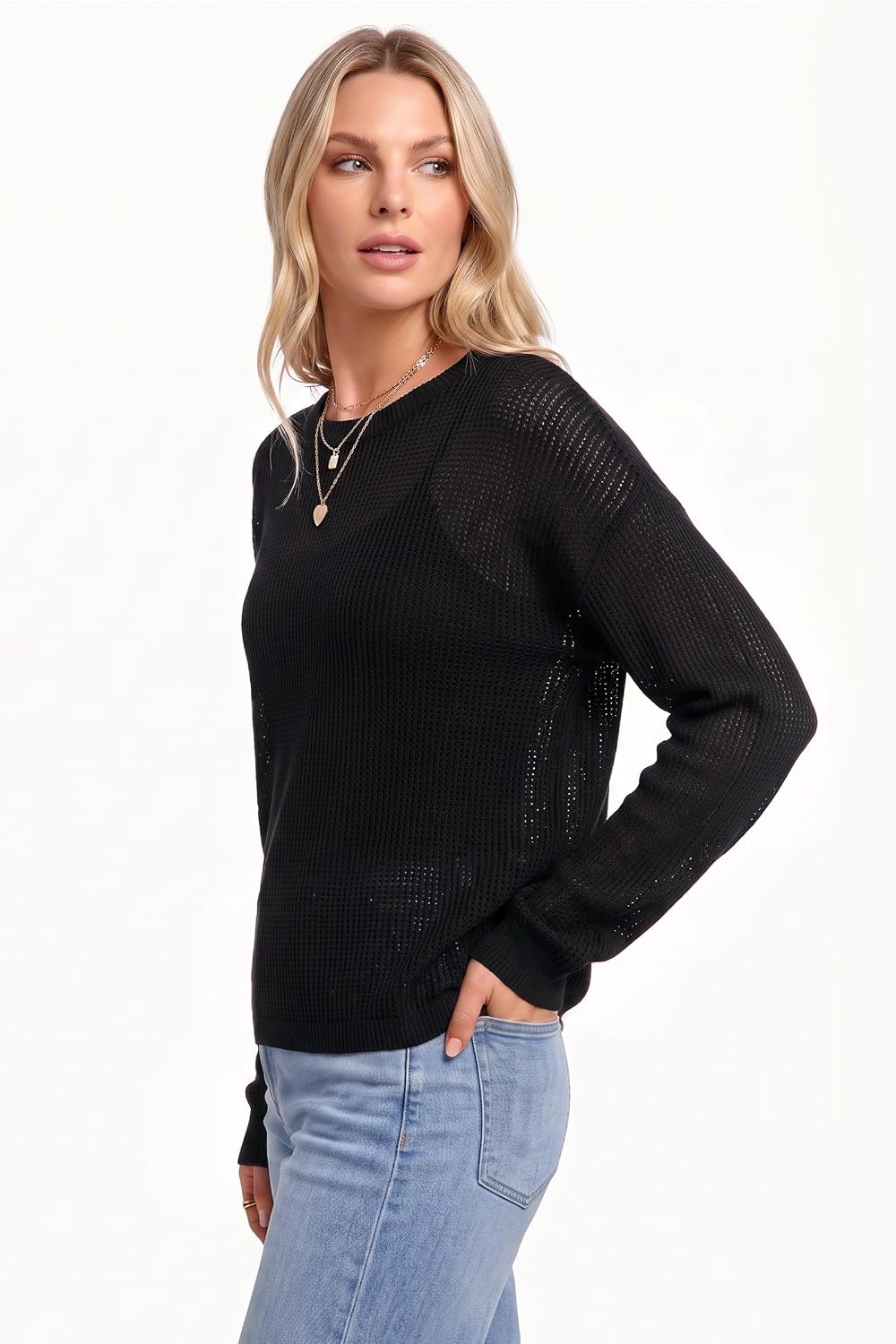 image:imageArachampCloz Womens Oversized 34 Sleeve Crochet Tops Summer Casual SweaterZblack