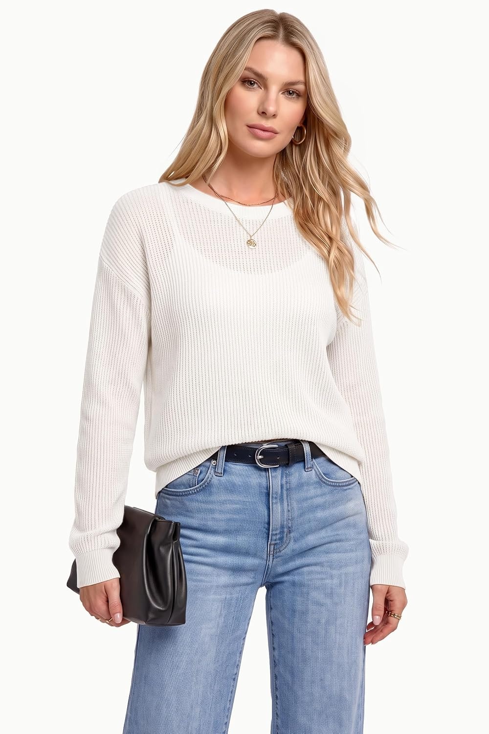 image:imageArachampCloz Womens Oversized 34 Sleeve Crochet Tops Summer Casual SweaterZwhite