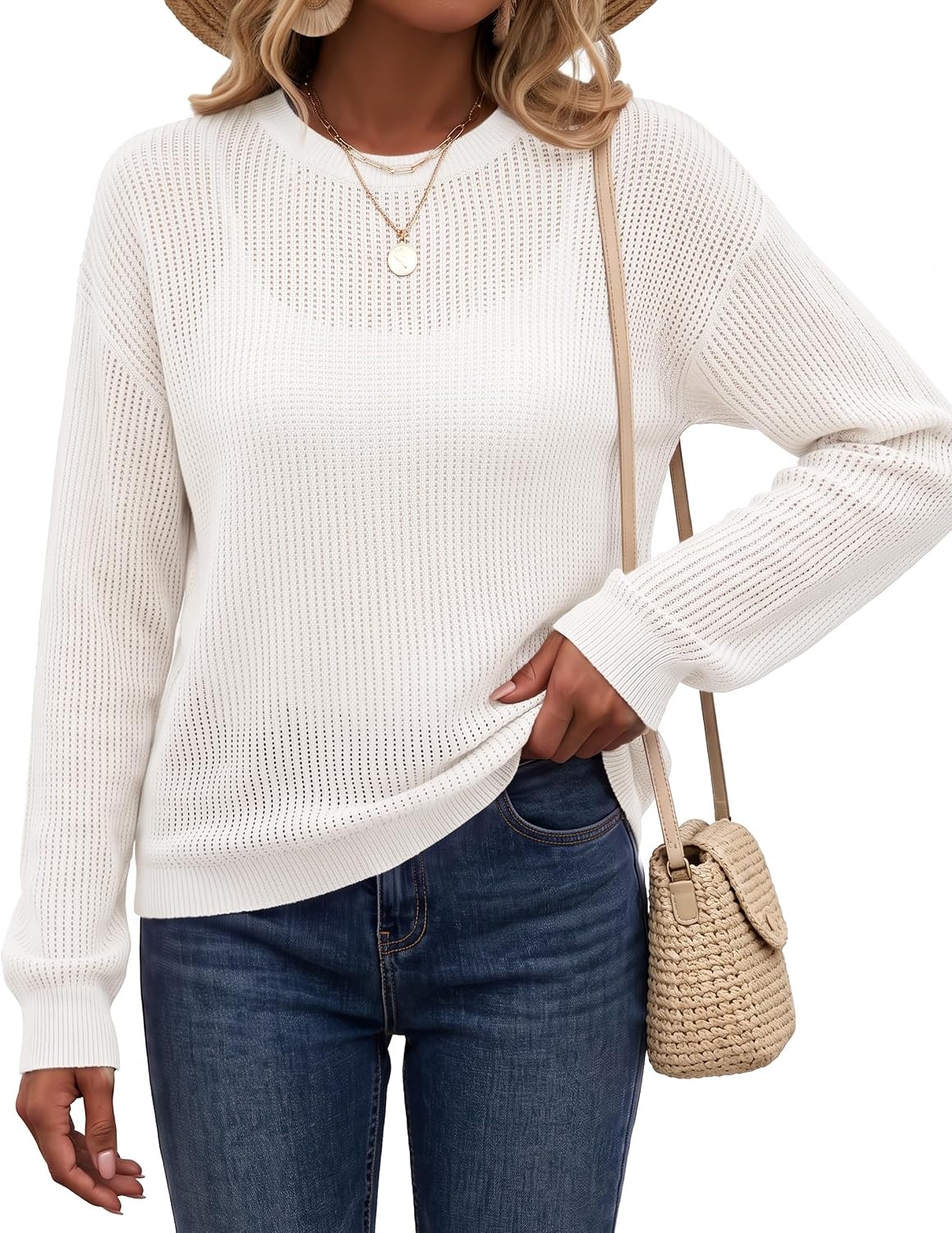 image:imageArachampCloz Womens Oversized 34 Sleeve Crochet Tops Summer Casual SweaterZwhite