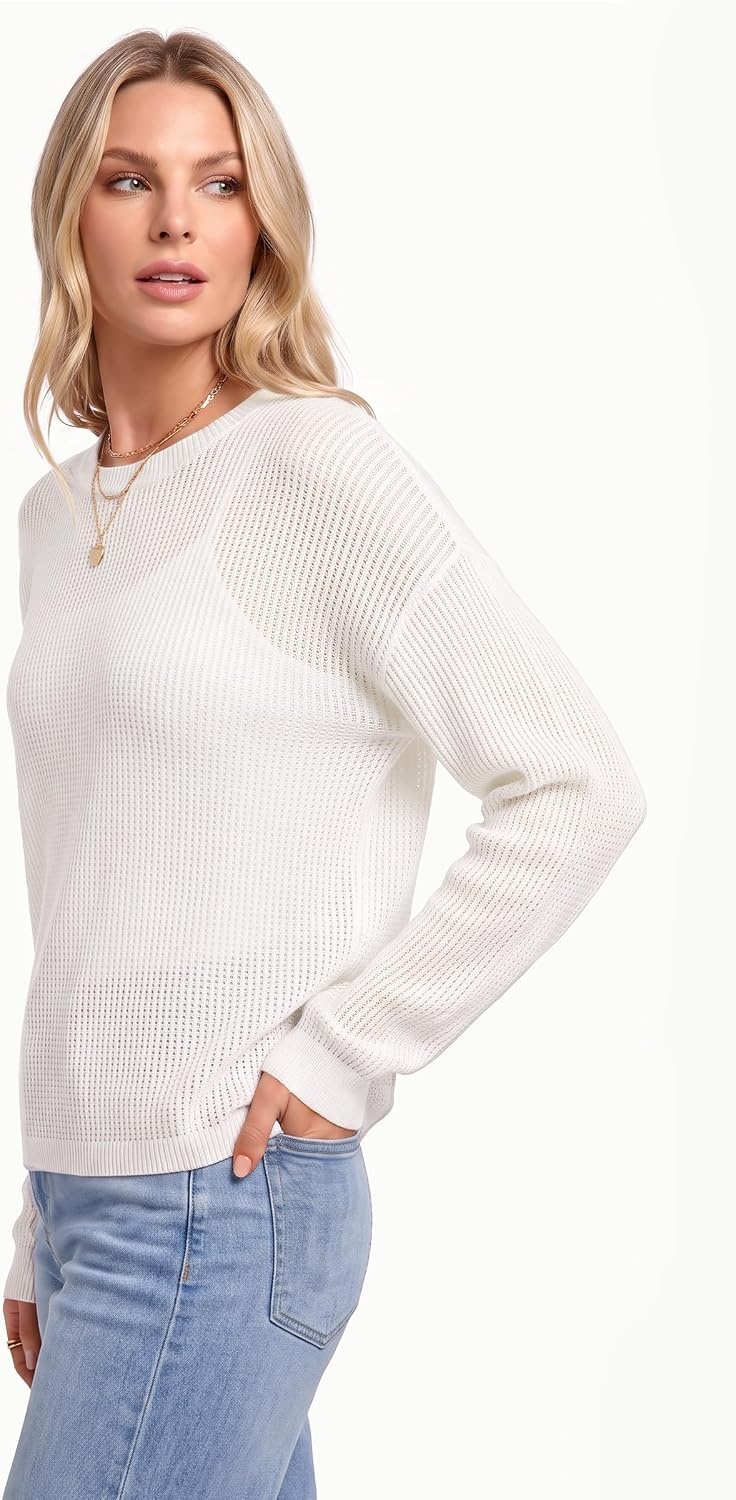 image:imageArachampCloz Womens Oversized 34 Sleeve Crochet Tops Summer Casual SweaterZwhite