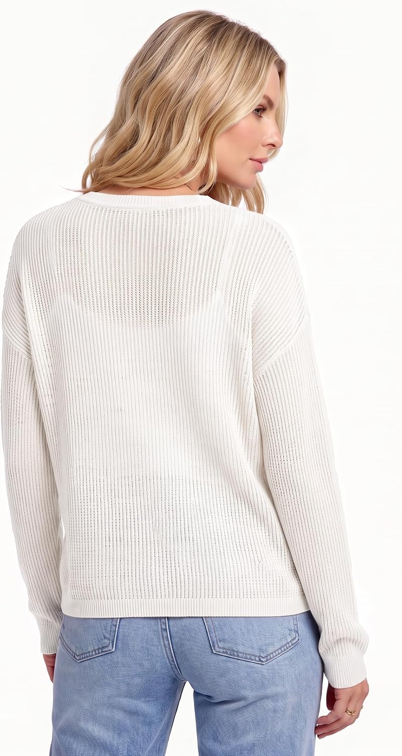 image:imageArachampCloz Womens Oversized 34 Sleeve Crochet Tops Summer Casual SweaterZwhite