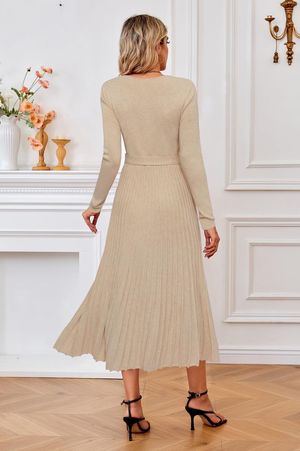 image:imageArachampCloz Womens Wool Blend Fall Long Sleeve Midi Sweater DressApricot