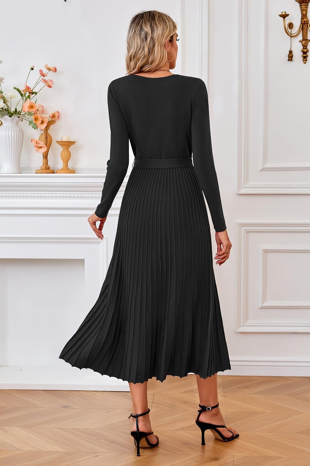 image:imageArachampCloz Womens Wool Blend Fall Long Sleeve Midi Sweater DressBlack