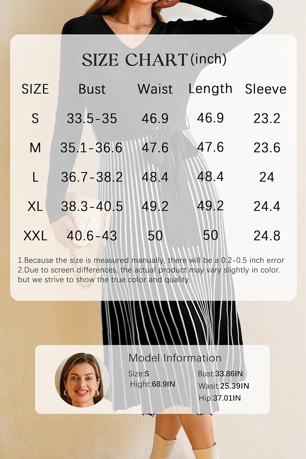 image:imageArachampCloz Womens Wool Blend Fall Long Sleeve Midi Sweater DressBlackwhite Stripe