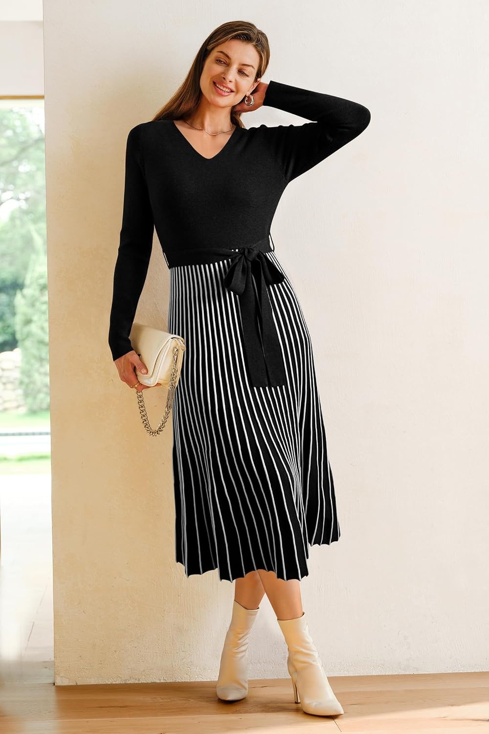 image:imageArachampCloz Womens Wool Blend Fall Long Sleeve Midi Sweater DressBlackwhite Stripe