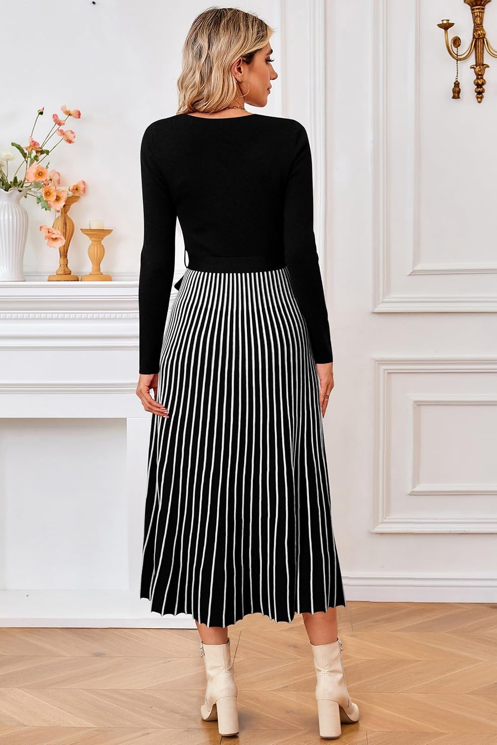 image:imageArachampCloz Womens Wool Blend Fall Long Sleeve Midi Sweater DressBlackwhite Stripe