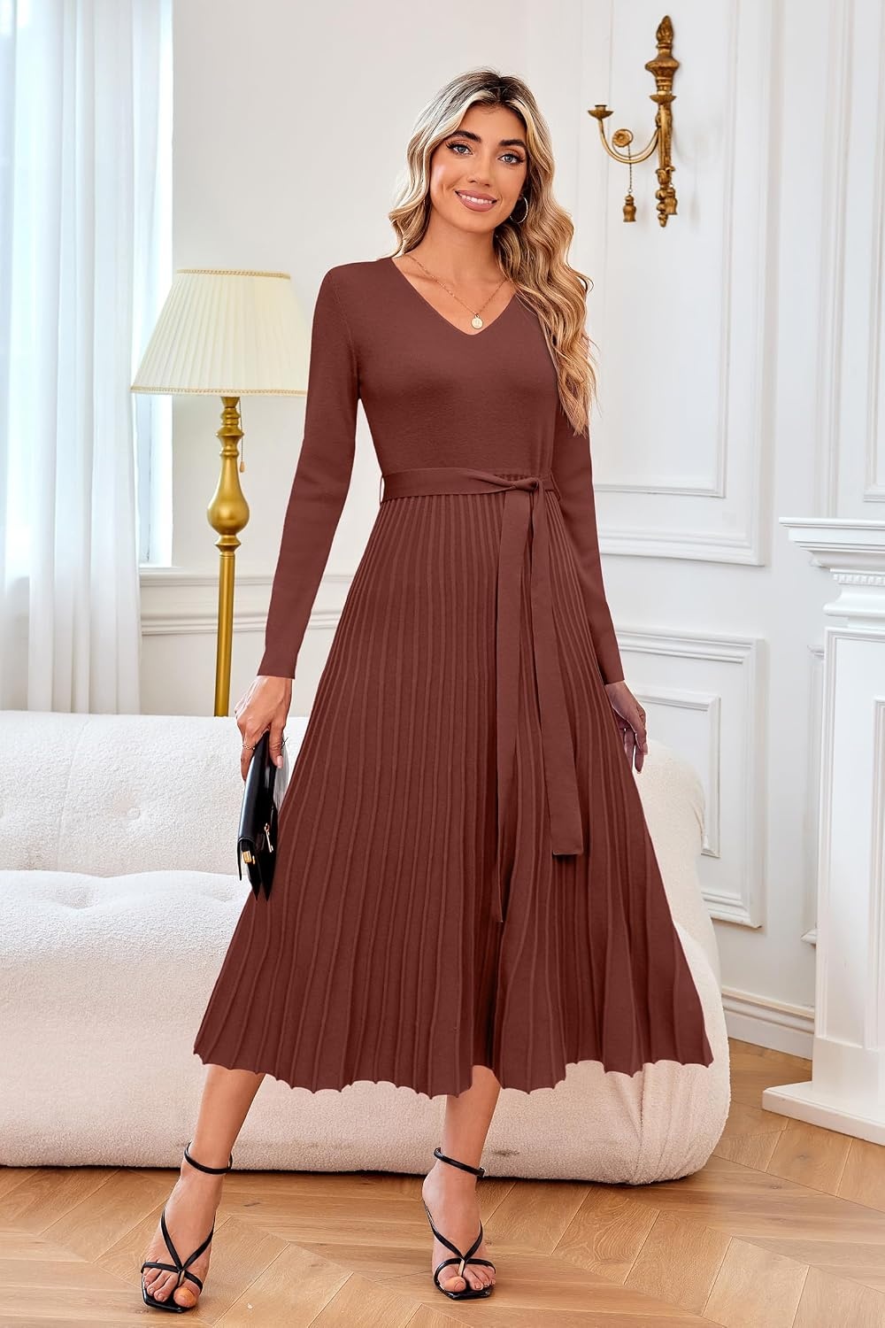 image:imageArachampCloz Womens Wool Blend Fall Long Sleeve Midi Sweater DressBrown Red