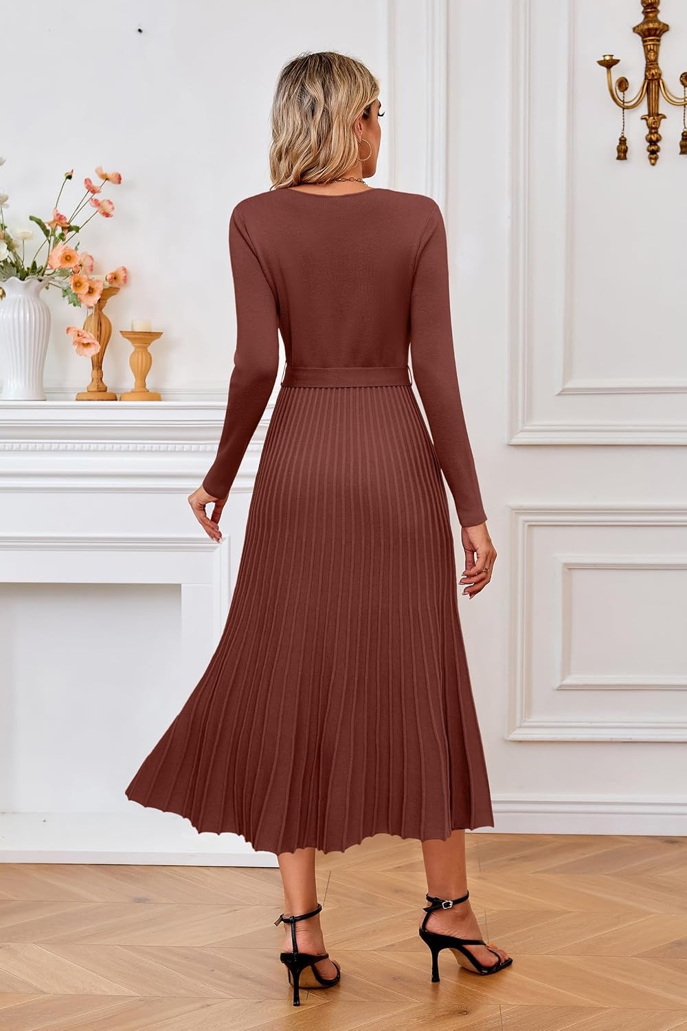 image:imageArachampCloz Womens Wool Blend Fall Long Sleeve Midi Sweater DressBrown Red