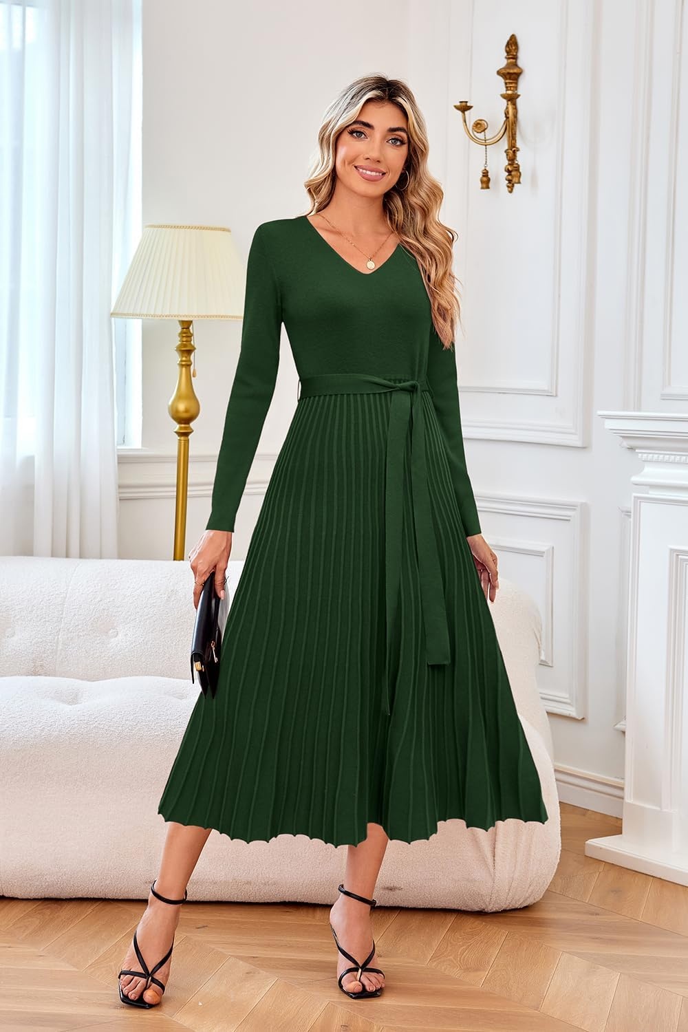 image:imageArachampCloz Womens Wool Blend Fall Long Sleeve Midi Sweater DressDark Green
