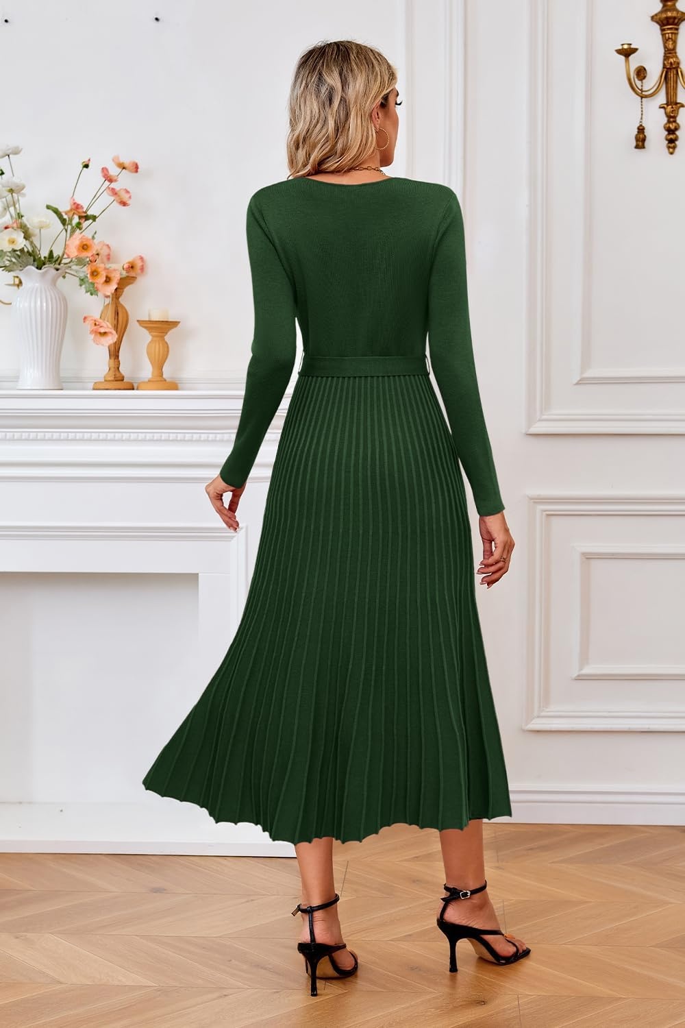 image:imageArachampCloz Womens Wool Blend Fall Long Sleeve Midi Sweater DressDark Green