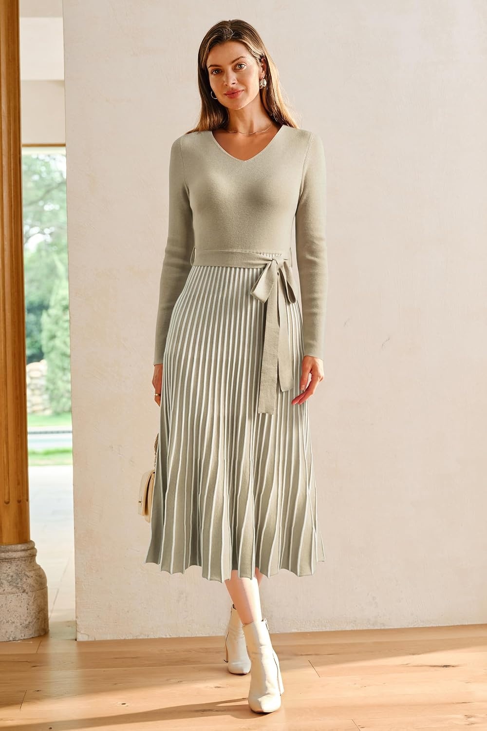 image:imageArachampCloz Womens Wool Blend Fall Long Sleeve Midi Sweater DressKhakiwhite Stripe