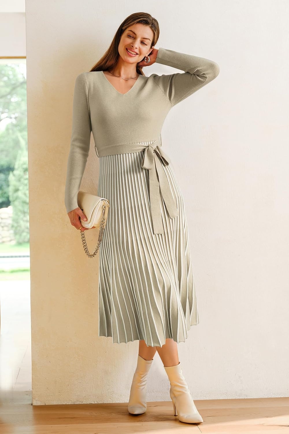 image:imageArachampCloz Womens Wool Blend Fall Long Sleeve Midi Sweater DressKhakiwhite Stripe