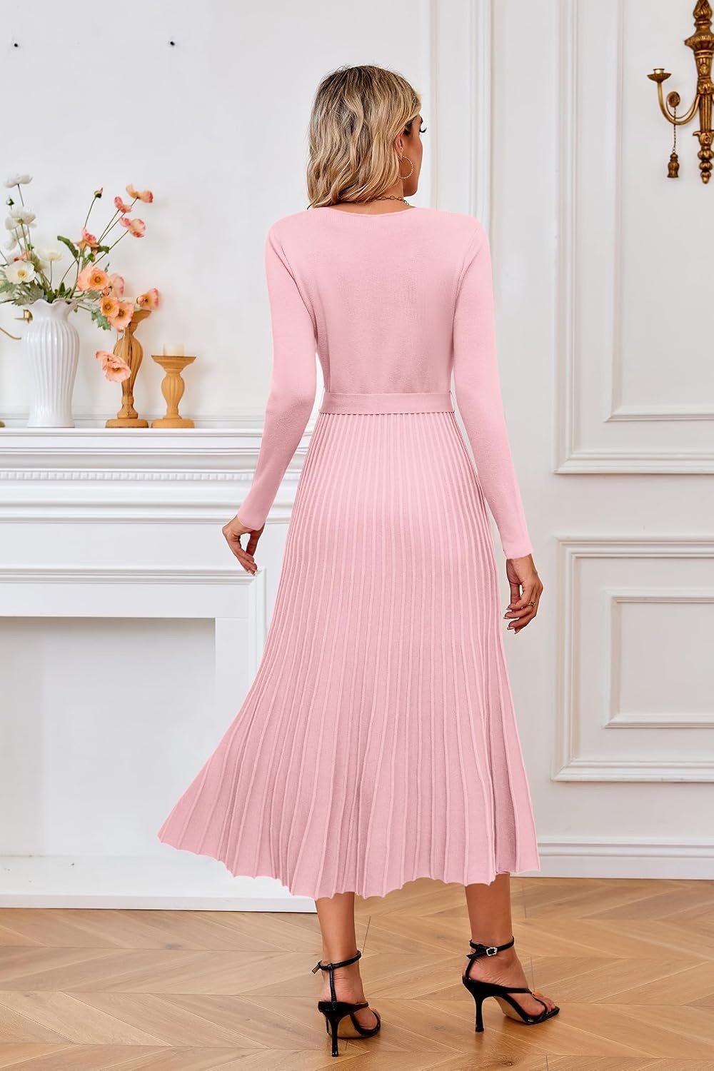 image:imageArachampCloz Womens Wool Blend Fall Long Sleeve Midi Sweater DressPink