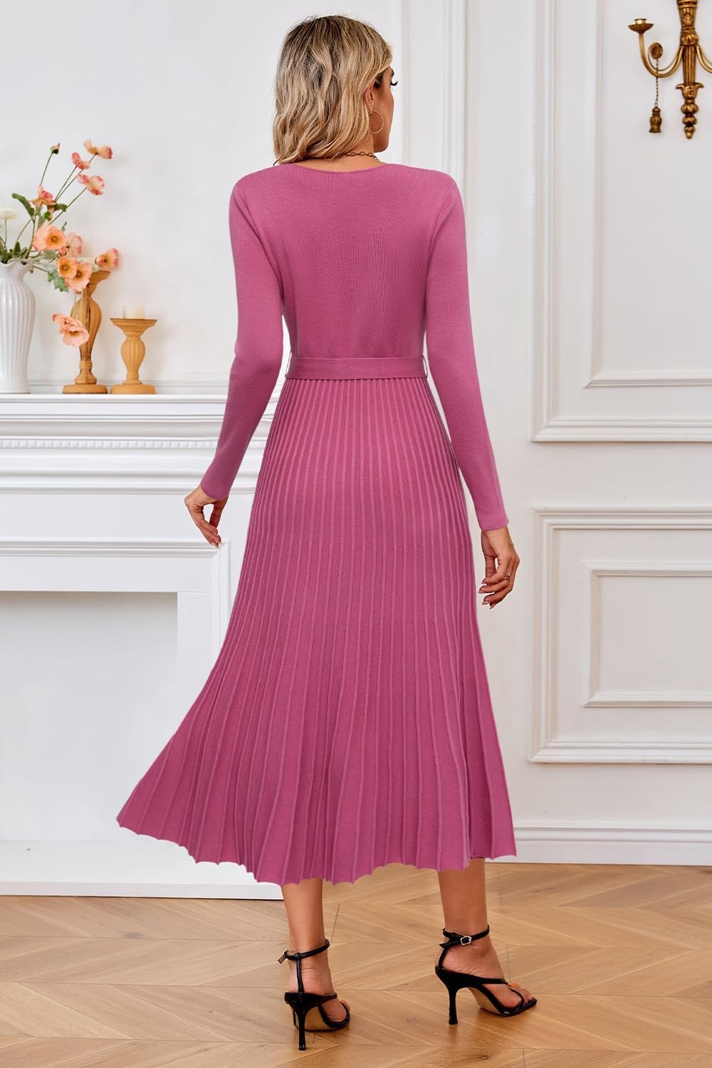 image:imageArachampCloz Womens Wool Blend Fall Long Sleeve Midi Sweater DressRose Pink
