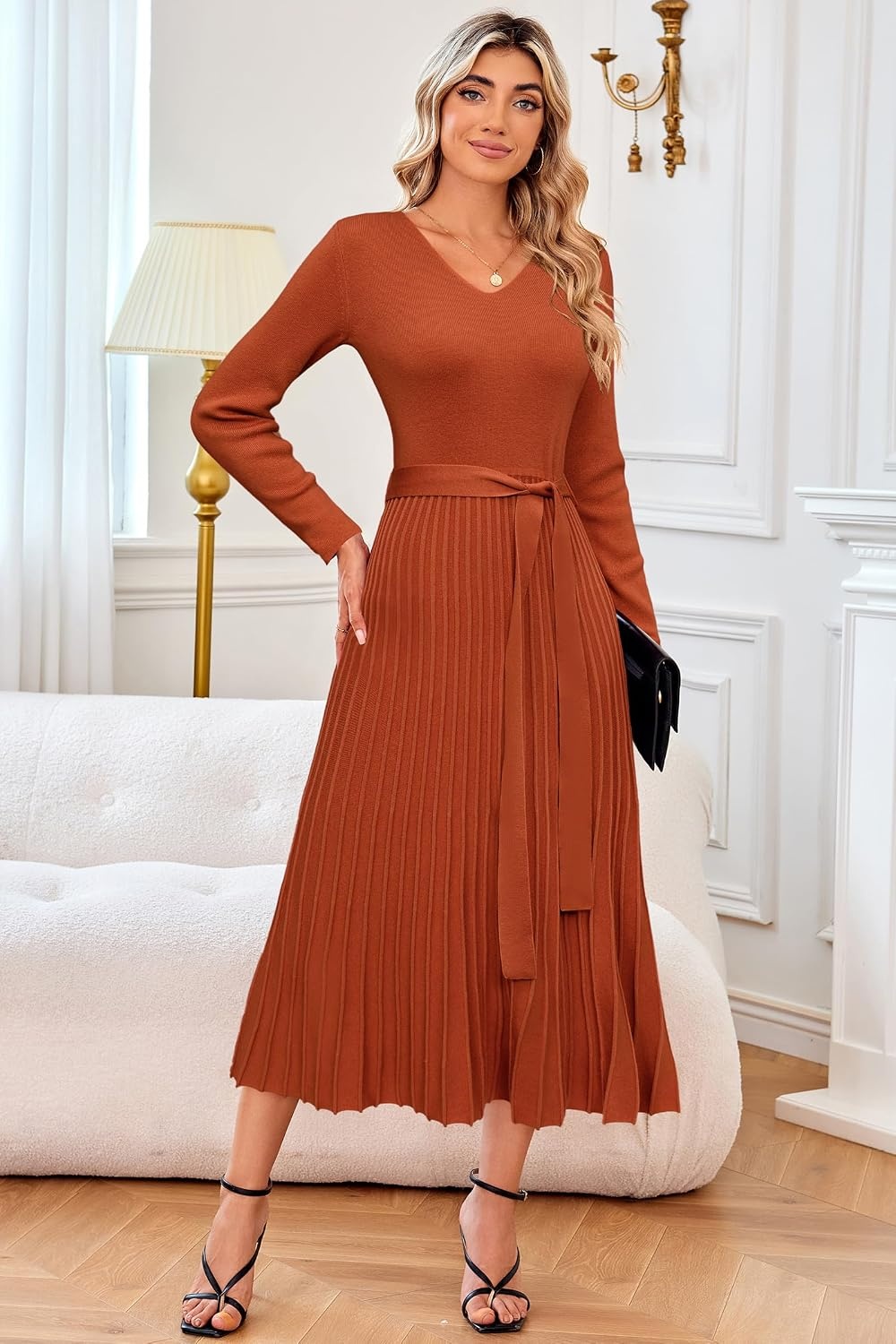 image:imageArachampCloz Womens Wool Blend Fall Long Sleeve Midi Sweater DressRust