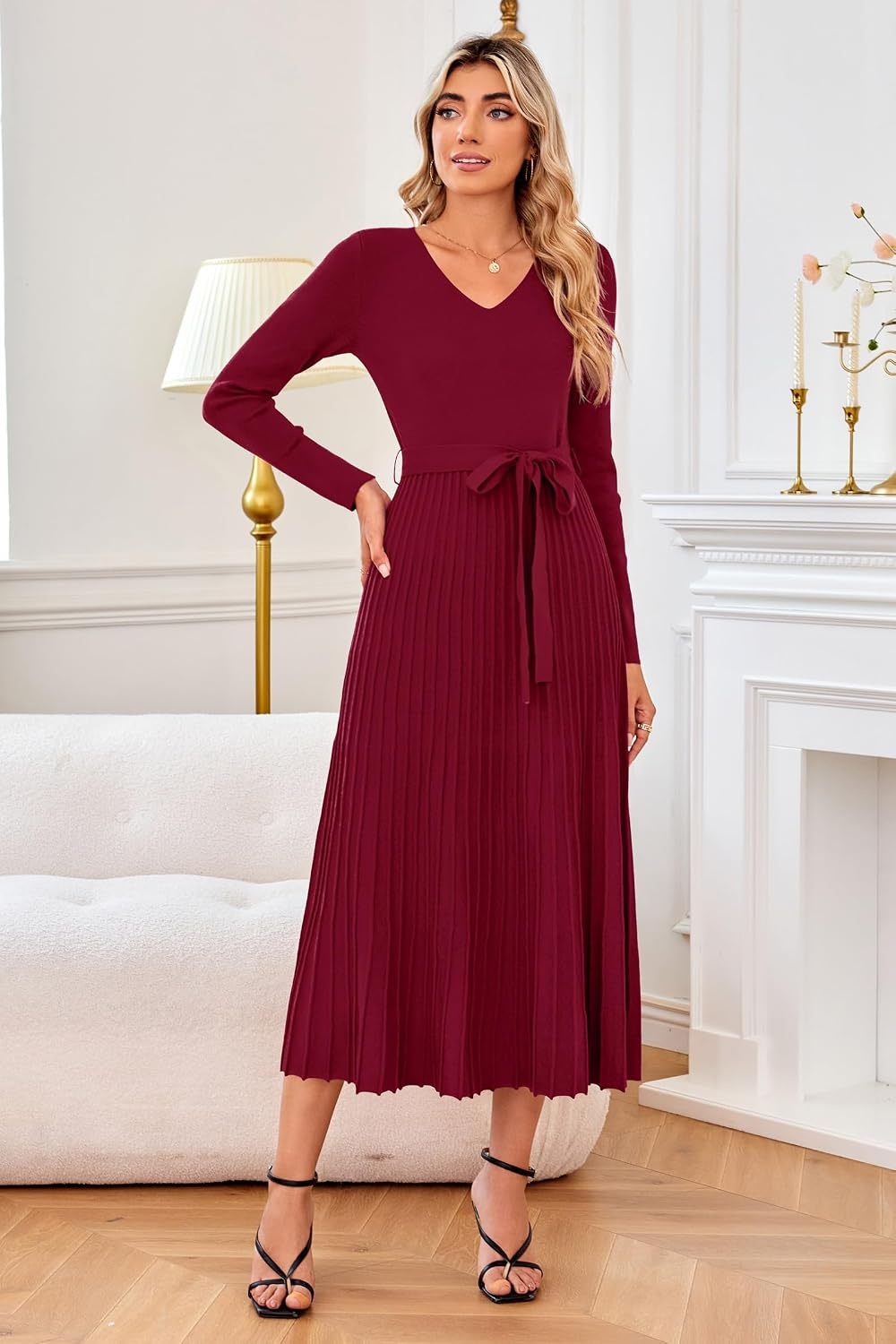 image:imageArachampCloz Womens Wool Blend Fall Long Sleeve Midi Sweater DressWine Red