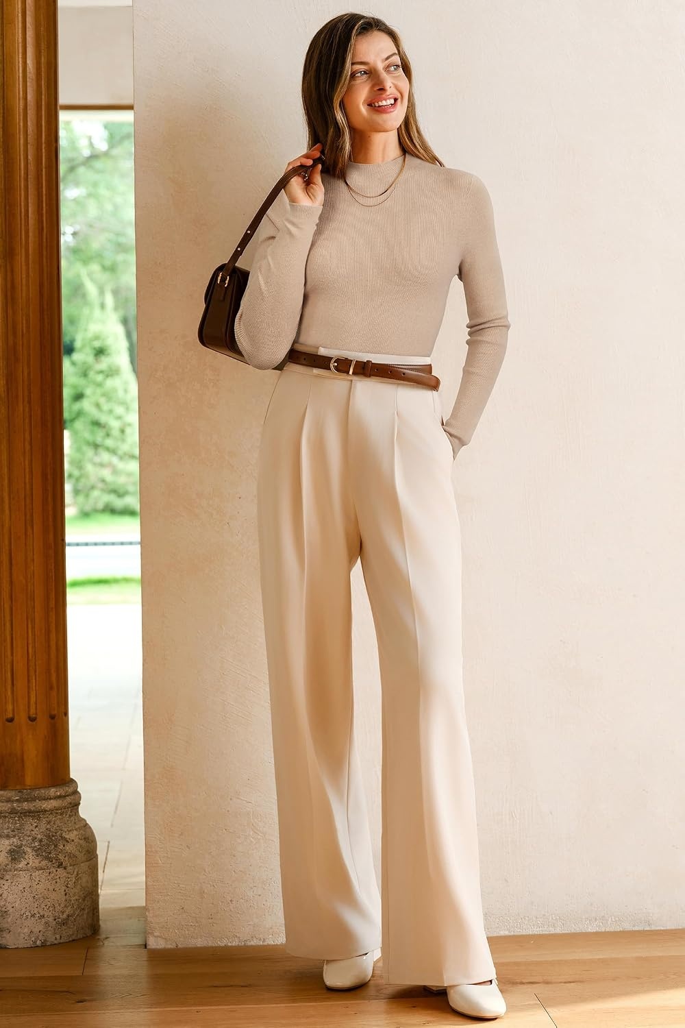 image:imageArachampCloz Womens Wool Blend Mock Neck Slim Fit Sweater Summer Work TopsAapricot