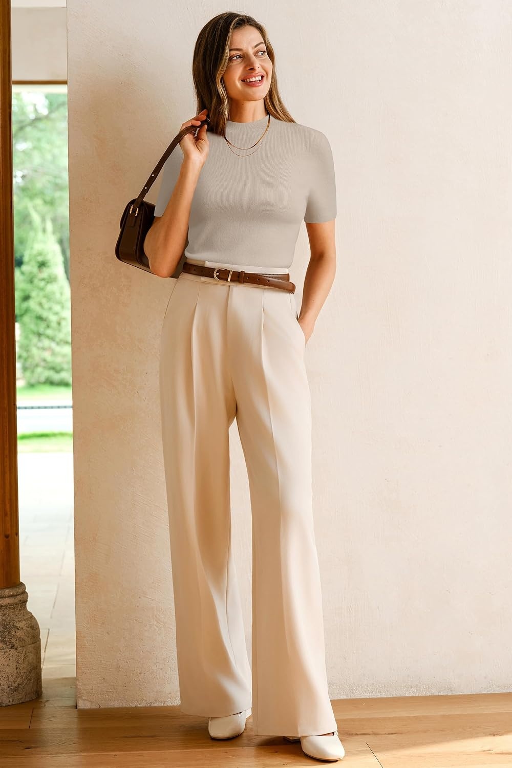 image:imageArachampCloz Womens Wool Blend Mock Neck Slim Fit Sweater Summer Work TopsApricot