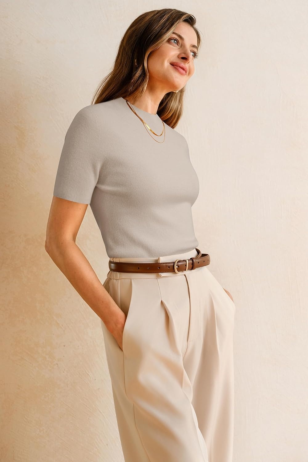 image:imageArachampCloz Womens Wool Blend Mock Neck Slim Fit Sweater Summer Work TopsApricot