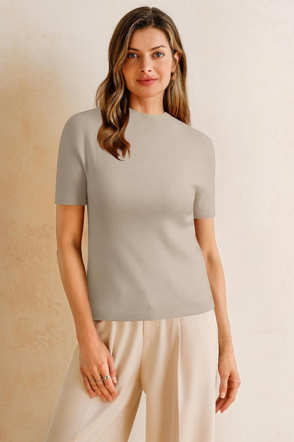 image:imageArachampCloz Womens Wool Blend Mock Neck Slim Fit Sweater Summer Work TopsApricot