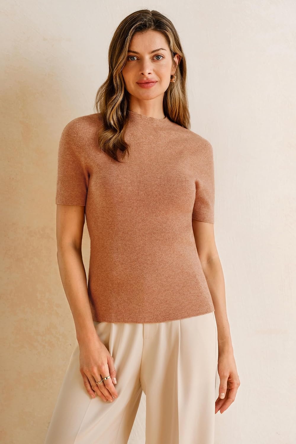 image:imageArachampCloz Womens Wool Blend Mock Neck Slim Fit Sweater Summer Work TopsCamel