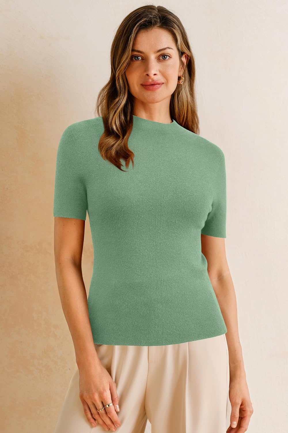 image:imageArachampCloz Womens Wool Blend Mock Neck Slim Fit Sweater Summer Work TopsSage Green