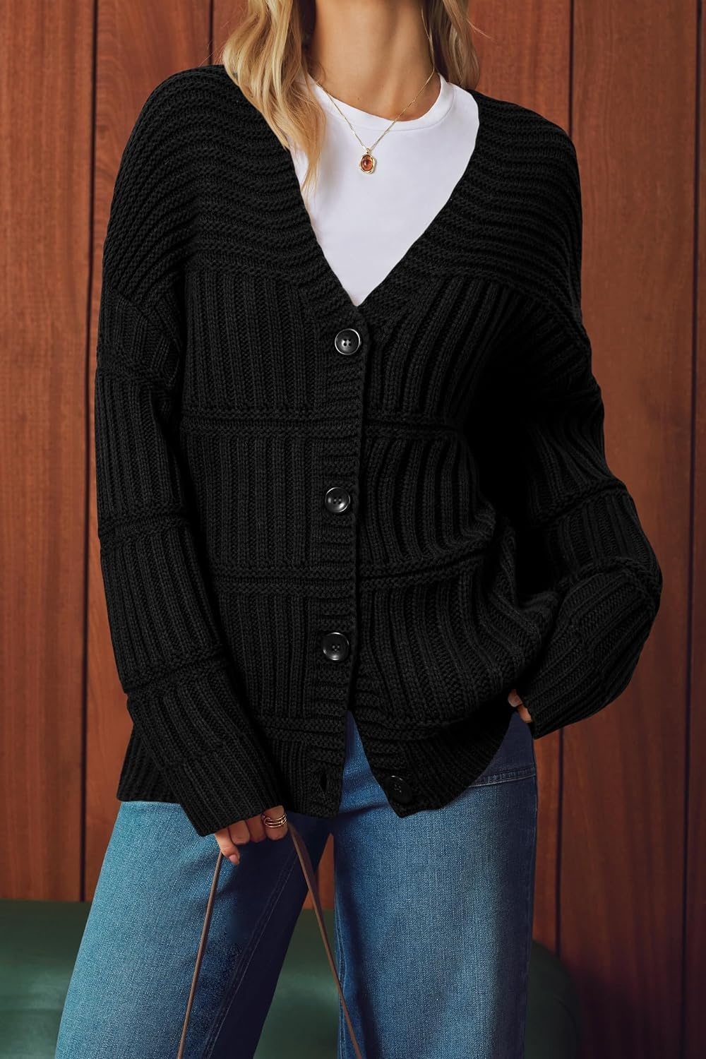 image:imageArachampCloz Womens Wool Blend Oversized Chunky Cardigan SweaterBlack