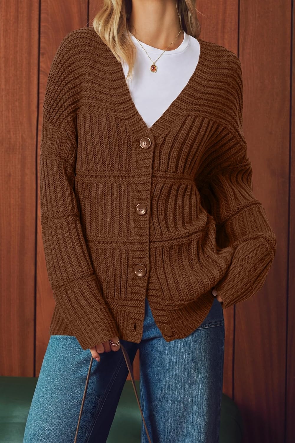 image:imageArachampCloz Womens Wool Blend Oversized Chunky Cardigan SweaterBrown