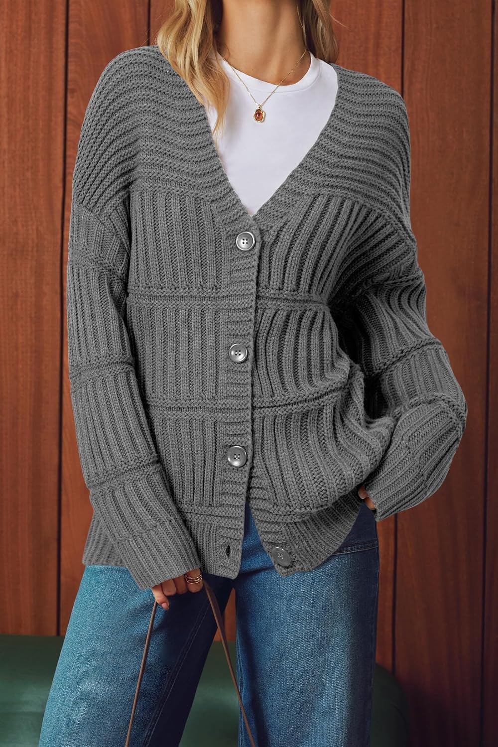 image:imageArachampCloz Womens Wool Blend Oversized Chunky Cardigan SweaterGrey