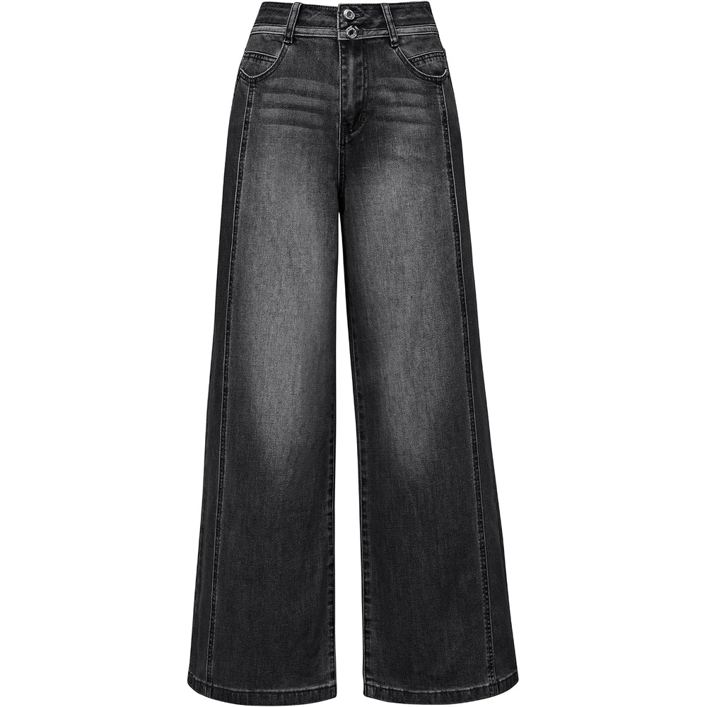 image:imageArachampCloz Womens Contrast Waistband Fall Business Casual Wide Leg JeansBlack