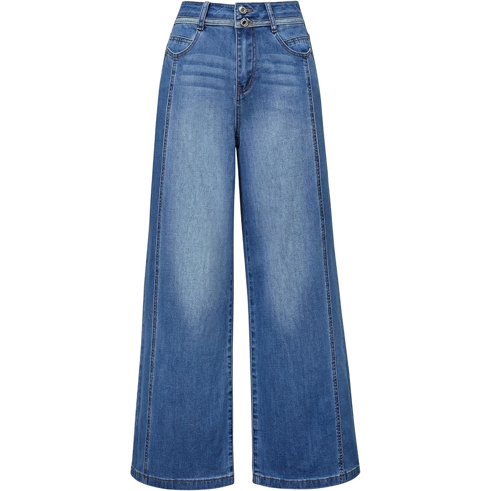 image:imageArachampCloz Womens Contrast Waistband Fall Business Casual Wide Leg JeansBlue