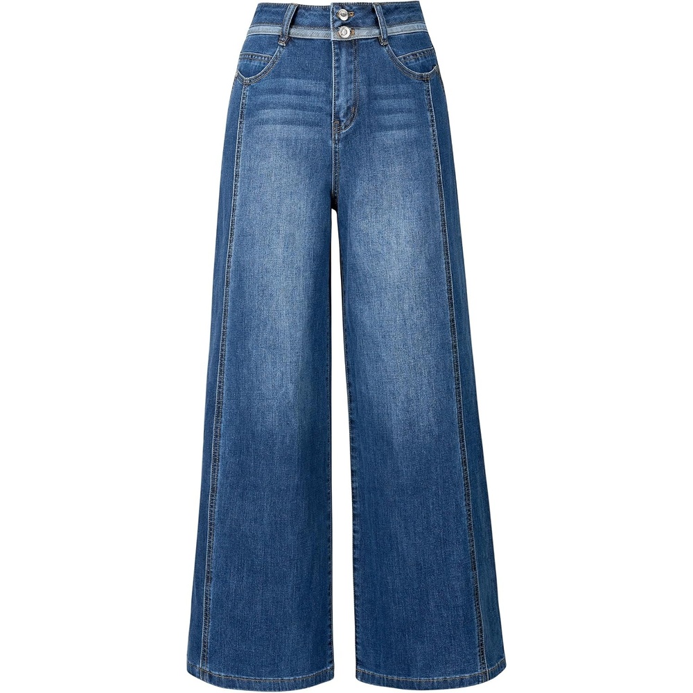 image:imageArachampCloz Womens Contrast Waistband Fall Business Casual Wide Leg JeansDark Blue