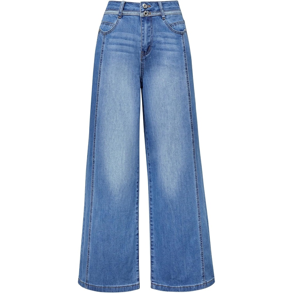 image:imageArachampCloz Womens Contrast Waistband Fall Business Casual Wide Leg JeansLight Blue