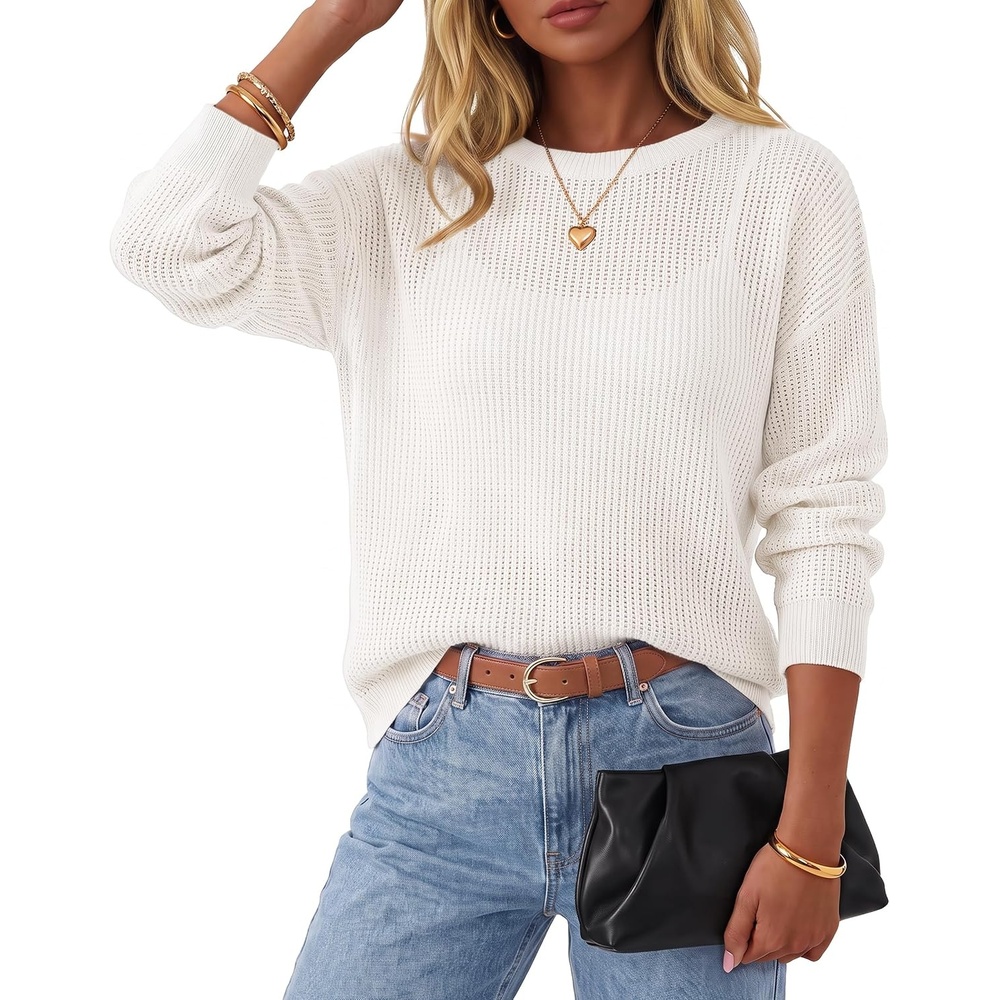 image:imageArachampCloz Womens Oversized 34 Sleeve Crochet Tops Summer Casual SweaterZwhite