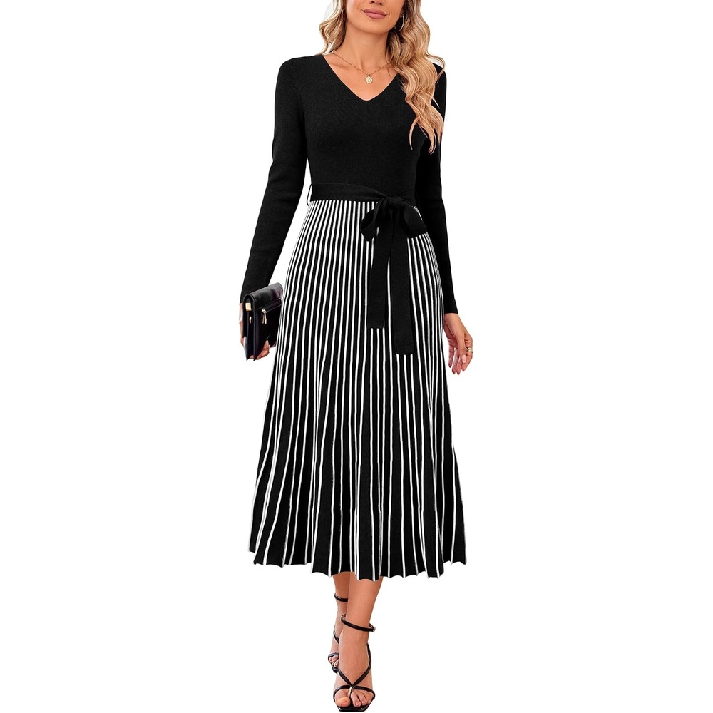 image:imageArachampCloz Womens Wool Blend Fall Long Sleeve Midi Sweater DressBlackwhite Stripe