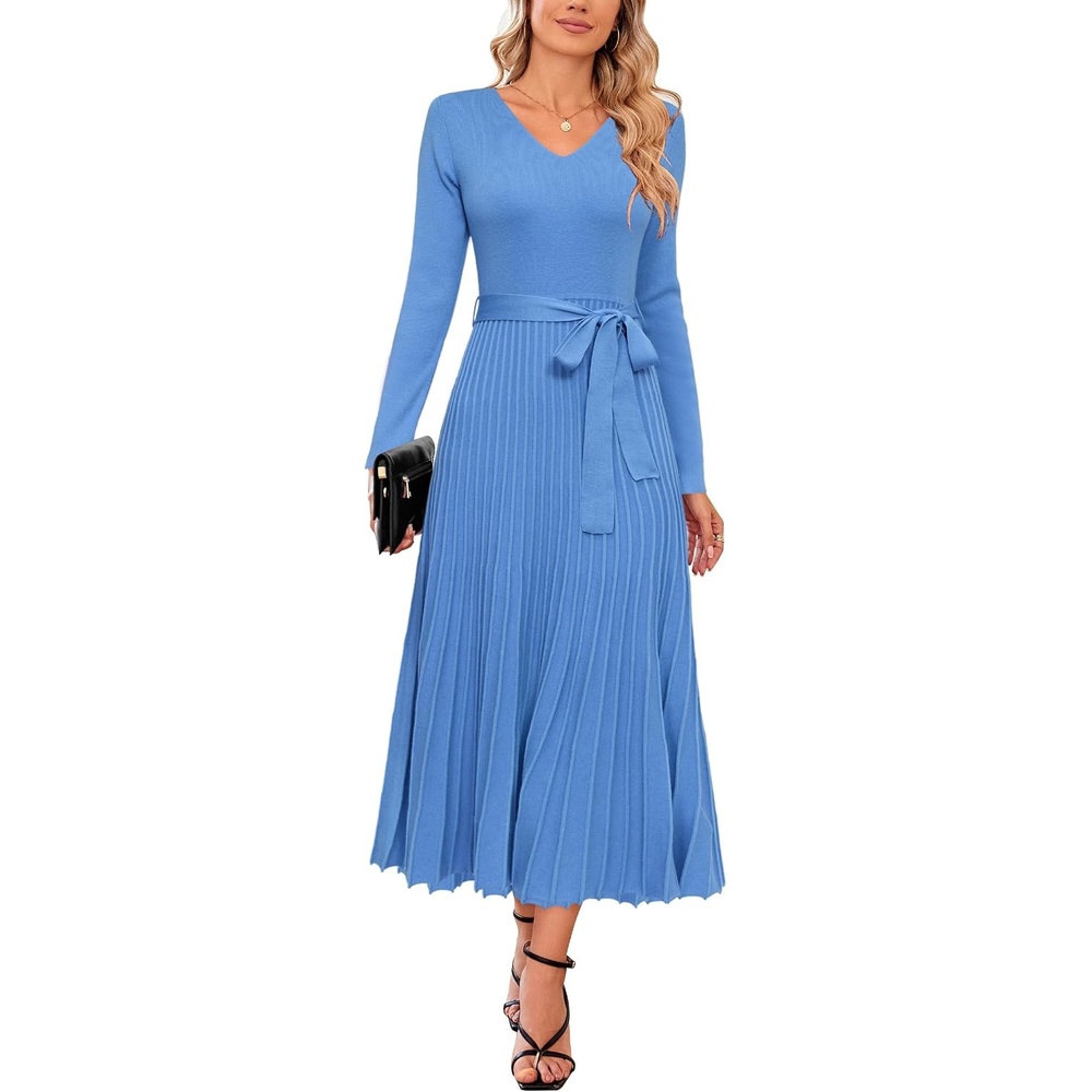 image:imageArachampCloz Womens Wool Blend Fall Long Sleeve Midi Sweater DressLake Blue