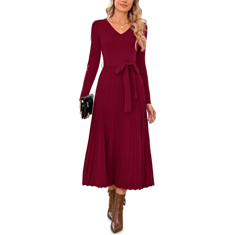 image:imageArachampCloz Womens Wool Blend Fall Long Sleeve Midi Sweater DressWine Red