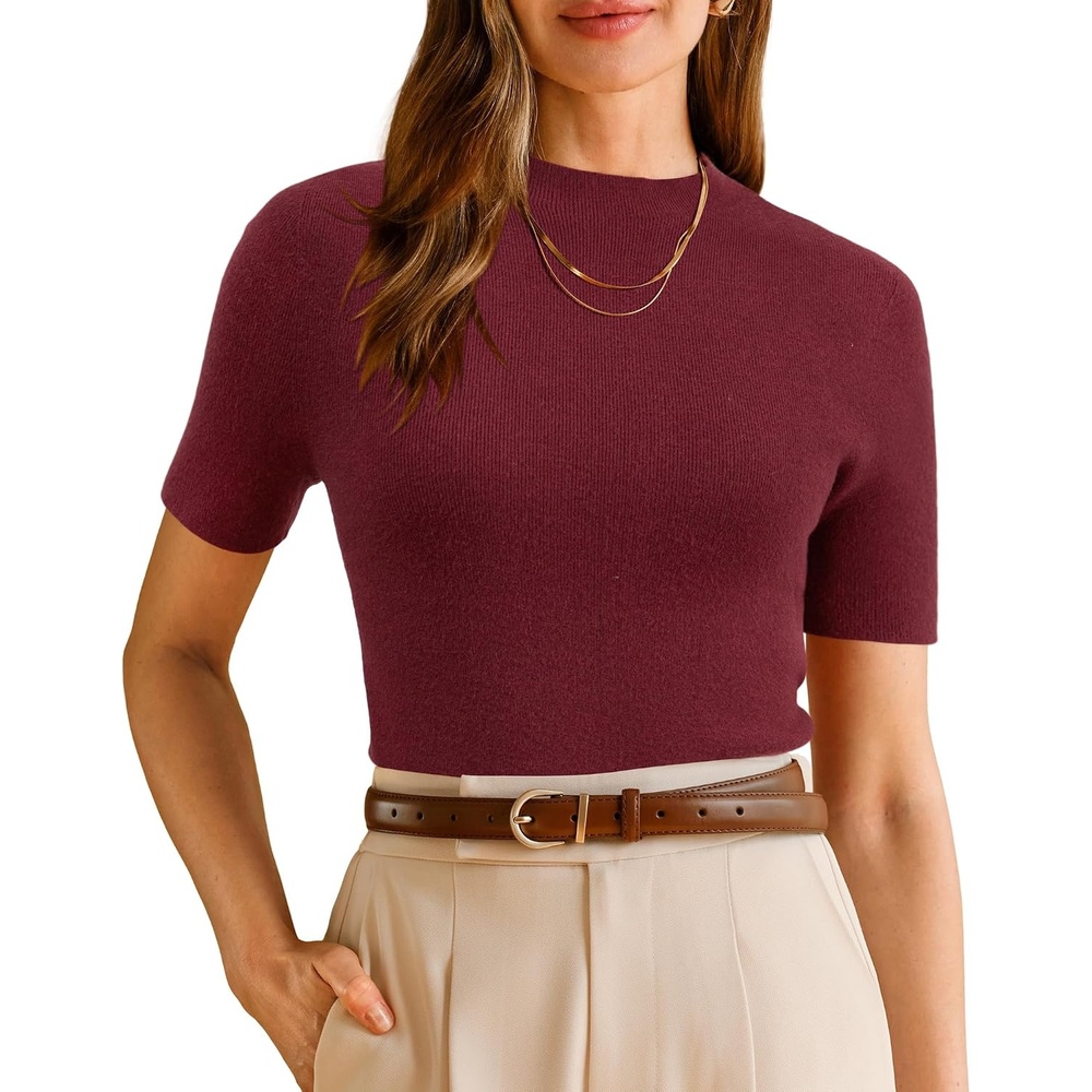 image:imageArachampCloz Womens Wool Blend Mock Neck Slim Fit Sweater Summer Work TopsDark Red