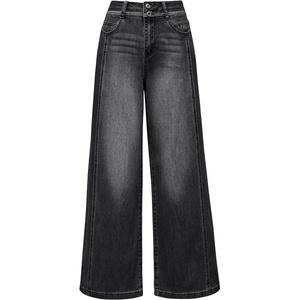 Arach&Cloz Women’s Contrast Waistband Fall Business Casual Wide Leg Jeans(Black)
