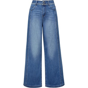 Arach&Cloz Women’s Contrast Waistband Fall Business Casual Wide Leg Jeans(Blue)