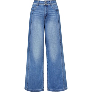 Arach&Cloz Women’s Contrast Waistband Fall Business Casual Wide Leg Jeans(Light Blue)