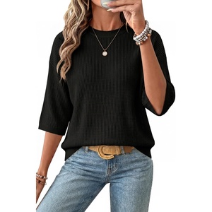 Arach&Cloz Women’s Oversized 3/4 Sleeve Crochet Tops Summer Casual Sweater(Black)
