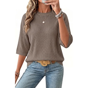 Arach&Cloz Women’s Oversized 3/4 Sleeve Crochet Tops Summer Casual Sweater(Coffee)