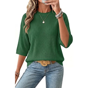 Arach&Cloz Women’s Oversized 3/4 Sleeve Crochet Tops Summer Casual Sweater(Green)