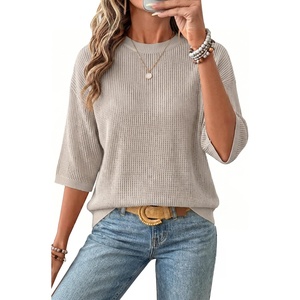 Arach&Cloz Women’s Oversized 3/4 Sleeve Crochet Tops Summer Casual Sweater(Grey)